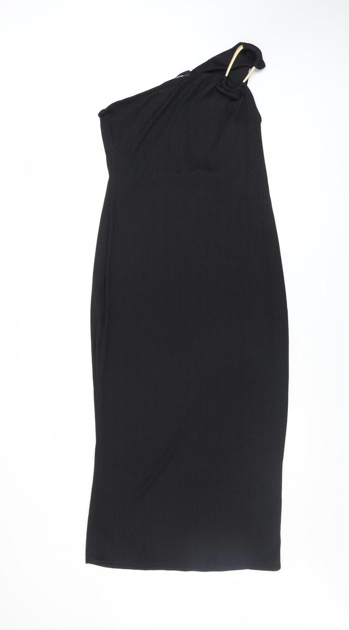 River Island Women's Black One Shoulder Bodycon Midi Dress Size 14