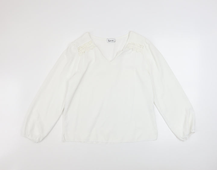 Luna Women White V-Neck Long Sleeve Tunic Blouse Size M