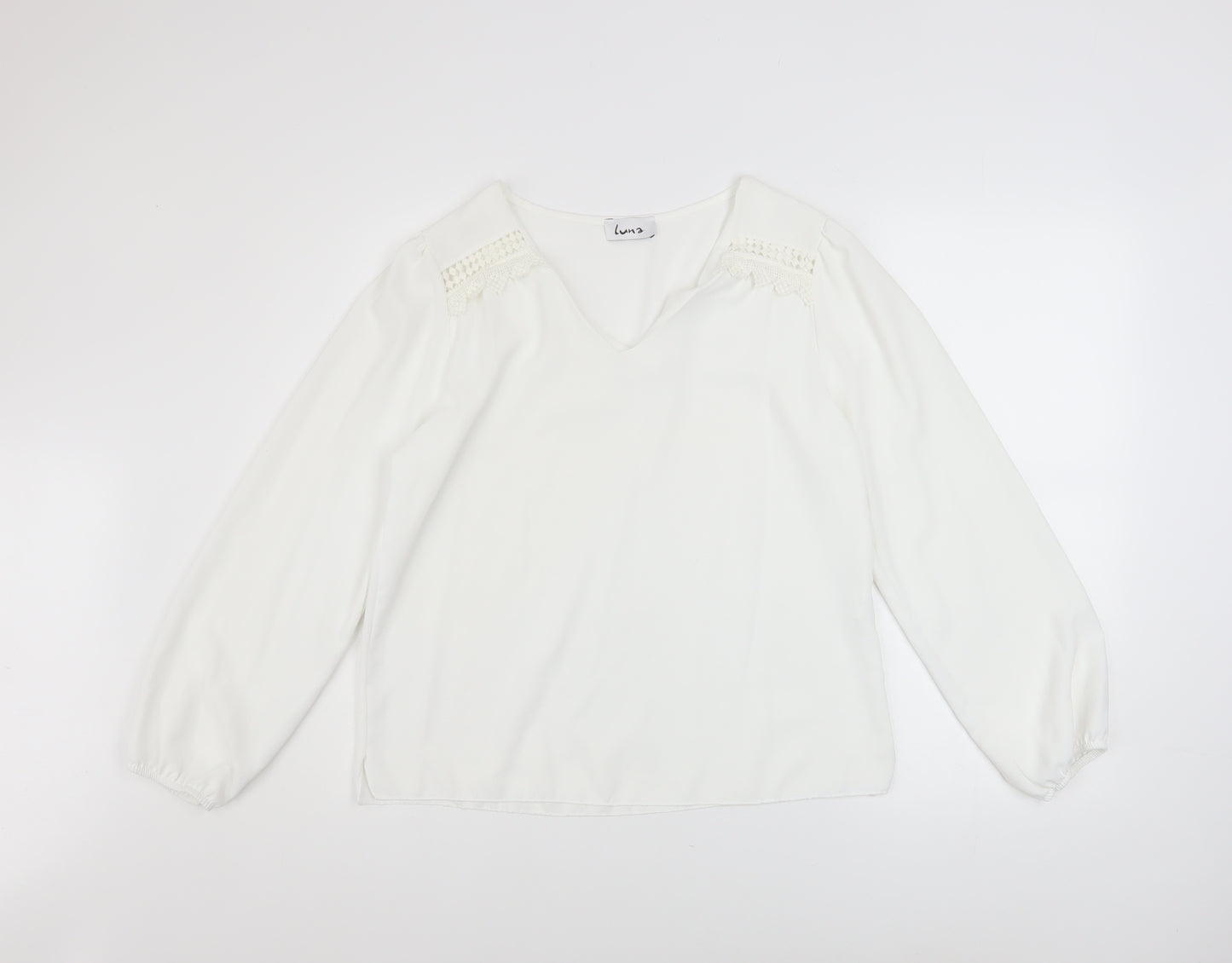 Luna Women White V-Neck Long Sleeve Tunic Blouse Size M