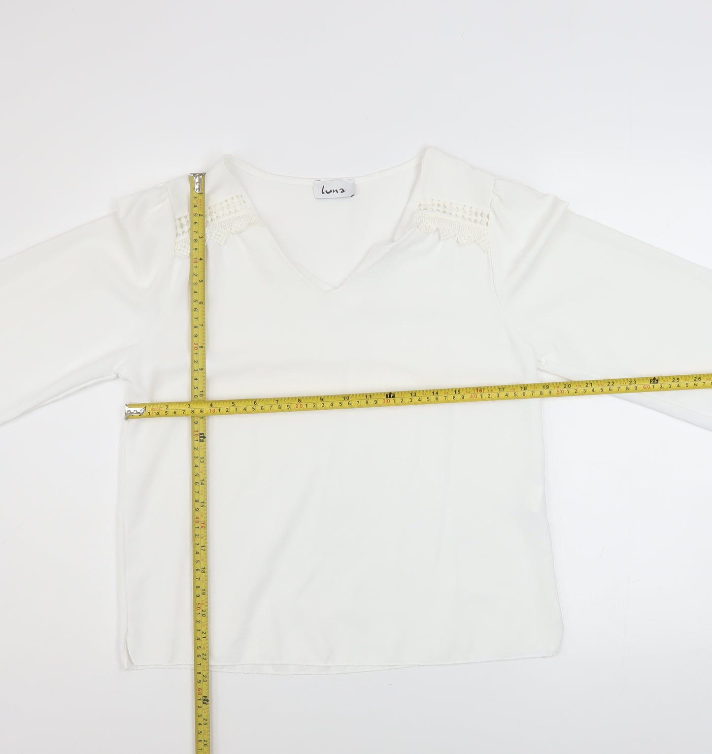 Luna Women White V-Neck Long Sleeve Tunic Blouse Size M
