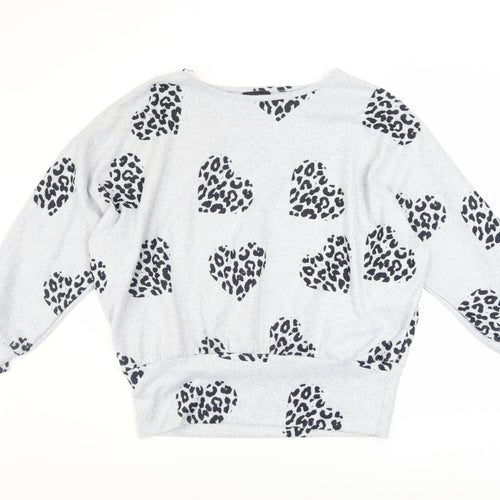 New Look Women's Grey Animal Heart Print Relaxed Pullover Jumper Size M