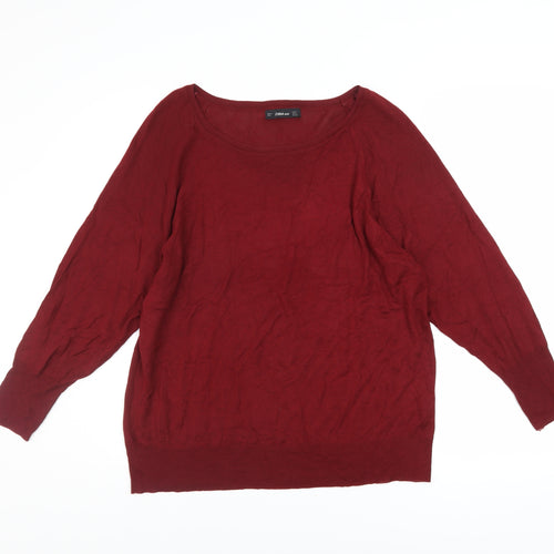 Zara Women Red Knit Pullover Jumper Size S Long Sleeve Scoop Neck