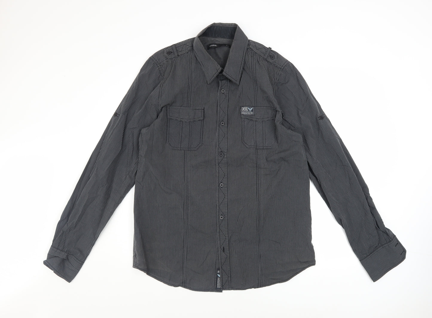 Diesel Men's Black Striped Cotton Button-Up Long Sleeve Shirt L
