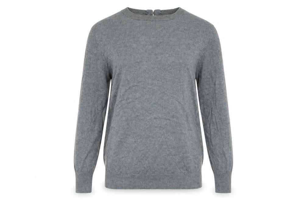 Front view of Savida Women’s Grey Crew Neck Button Back Jumper, size UK 10