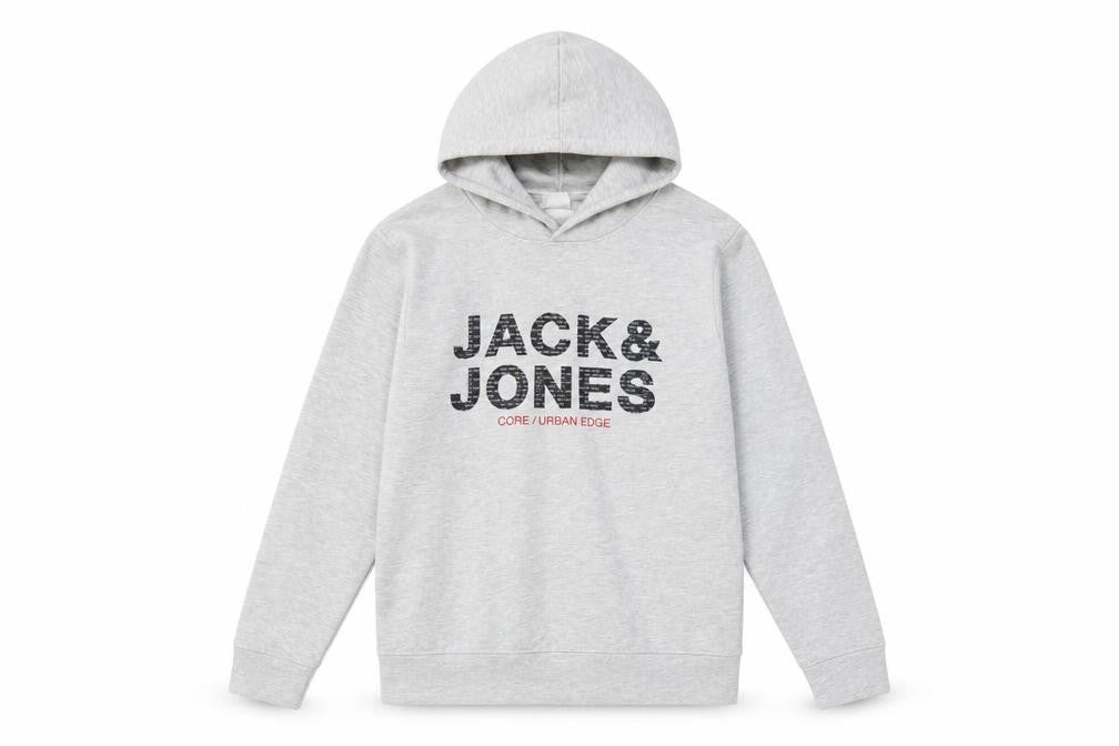 Front view of Jack & Jones Men's Grey Pullover Hoodie S Logo Fleece Sweatshirt