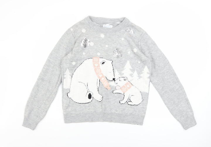 Primark Women Grey Christmas Bear Knit Jumper Size S 10/12