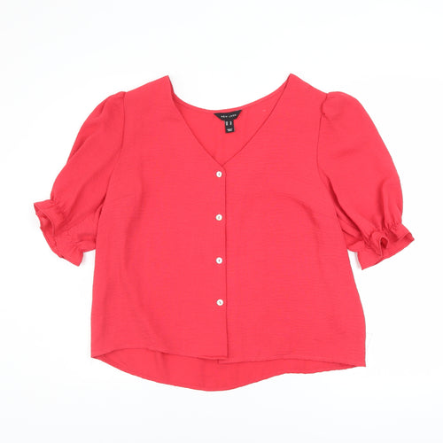 New Look Women's Red Short Sleeve V-Neck Button Blouse Size 14