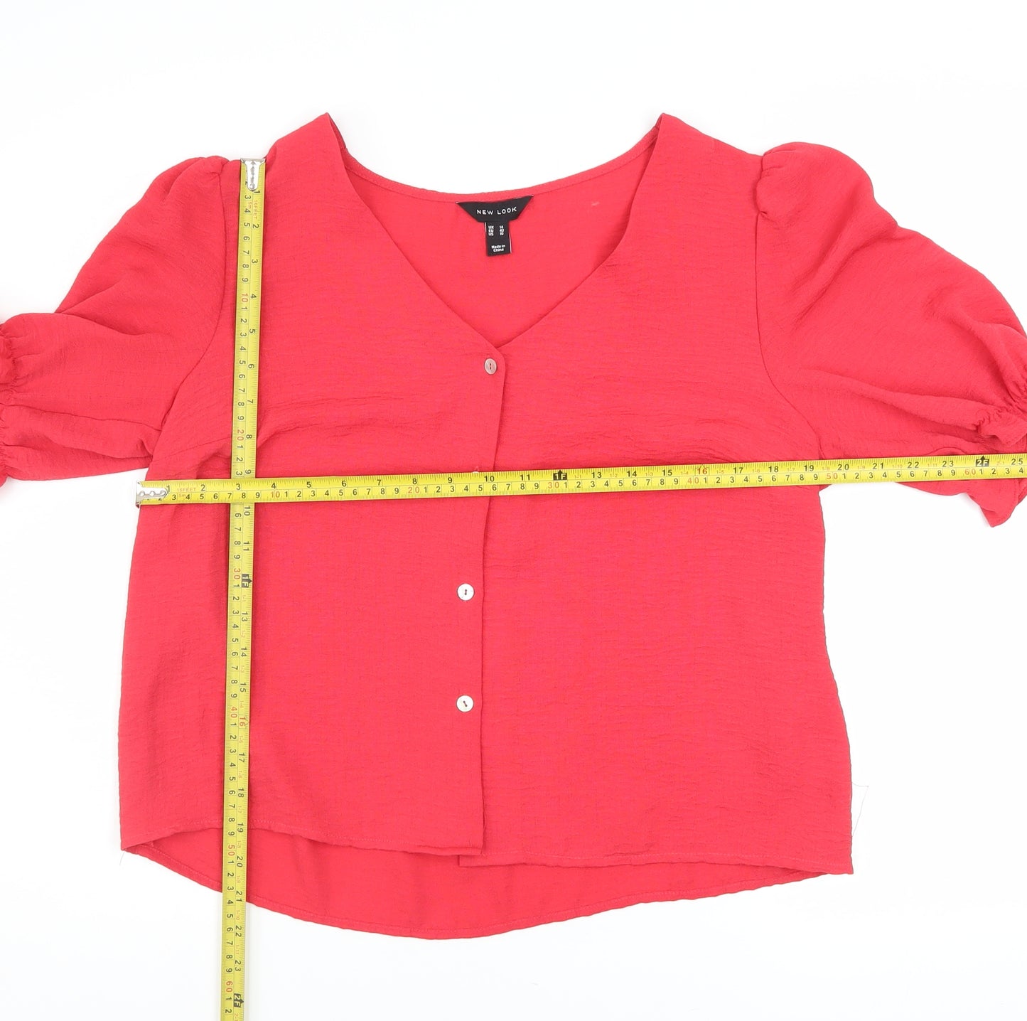 New Look Women's Red Short Sleeve V-Neck Button Blouse Size 14
