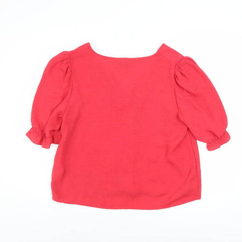 New Look Women's Red Short Sleeve V-Neck Button Blouse Size 14