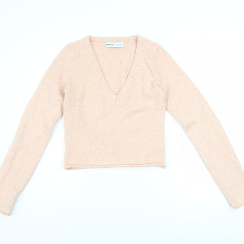 Bershka Womens Beige V-Neck Slim Fit Long Sleeve Pullover Jumper Size S
