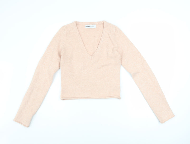 Bershka Womens Beige V-Neck Slim Fit Long Sleeve Pullover Jumper Size S