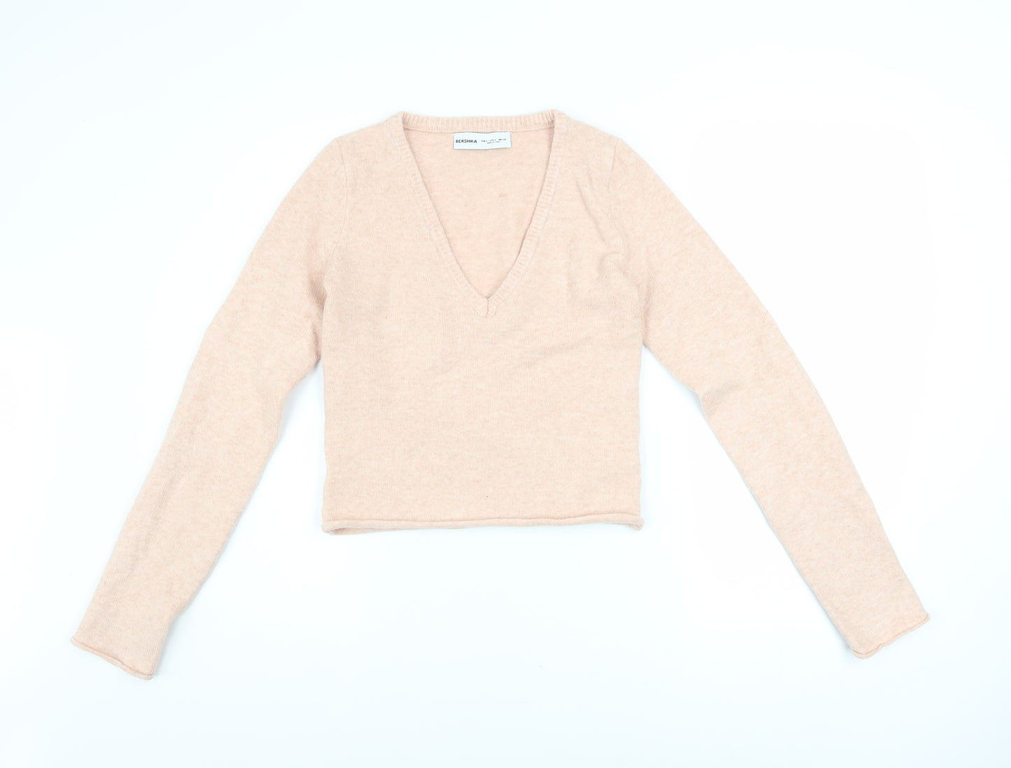 Bershka Womens Beige V-Neck Slim Fit Long Sleeve Pullover Jumper Size S
