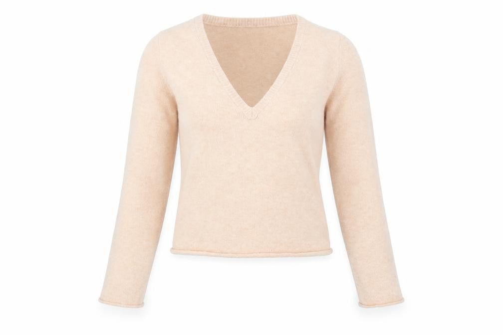 Bershka Womens Beige V-Neck Slim Fit Long Sleeve Pullover Jumper Size S
