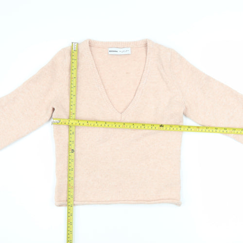 Bershka Womens Beige V-Neck Slim Fit Long Sleeve Pullover Jumper Size S