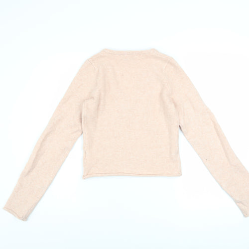 Bershka Womens Beige V-Neck Slim Fit Long Sleeve Pullover Jumper Size S
