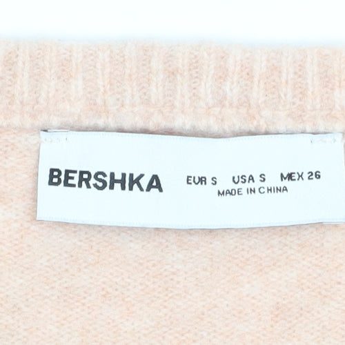 Bershka Womens Beige V-Neck Slim Fit Long Sleeve Pullover Jumper Size S
