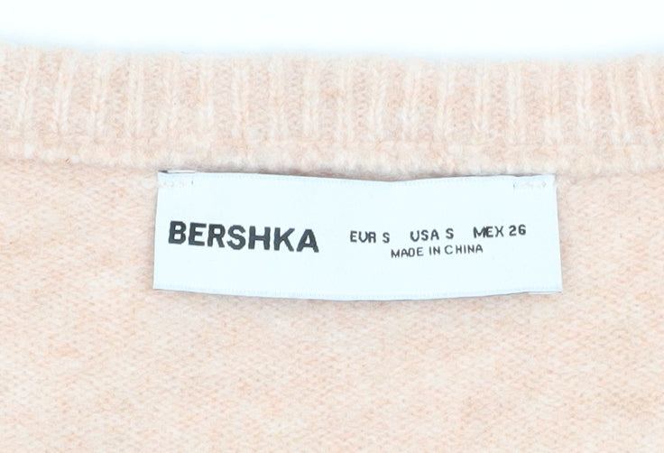 Bershka Womens Beige V-Neck Slim Fit Long Sleeve Pullover Jumper Size S