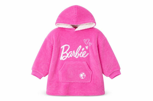 Front view of Barbie girls’ pink hooded fleece lounge set xxs-xs winter nightwear