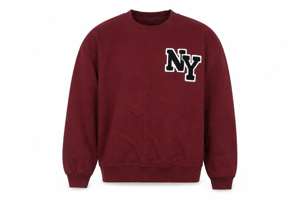 Front view of Dunnes men’s red ny crew neck sweatshirt medium