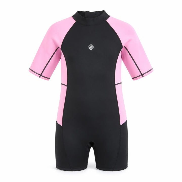 Front view of Primark girls’ pink & black short sleeve wetsuit 13-14 years stretch uv swimwear