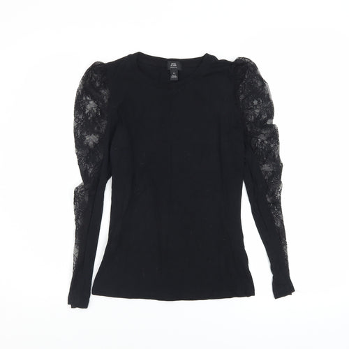 River Island Petite Black Lace Puff Sleeve Cotton Blouse UK 6