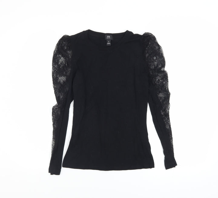 River Island Petite Black Lace Puff Sleeve Cotton Blouse UK 6