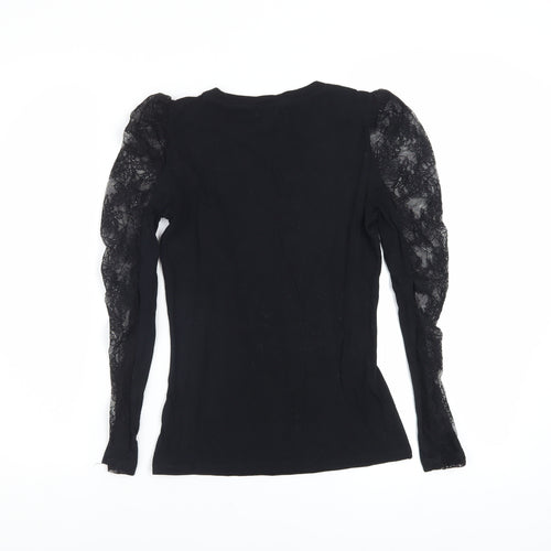 River Island Petite Black Lace Puff Sleeve Cotton Blouse UK 6