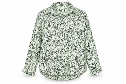 Front view of Zara Women’s Green Animal Print Button-Up Shirt XS Long Sleeve Polyester