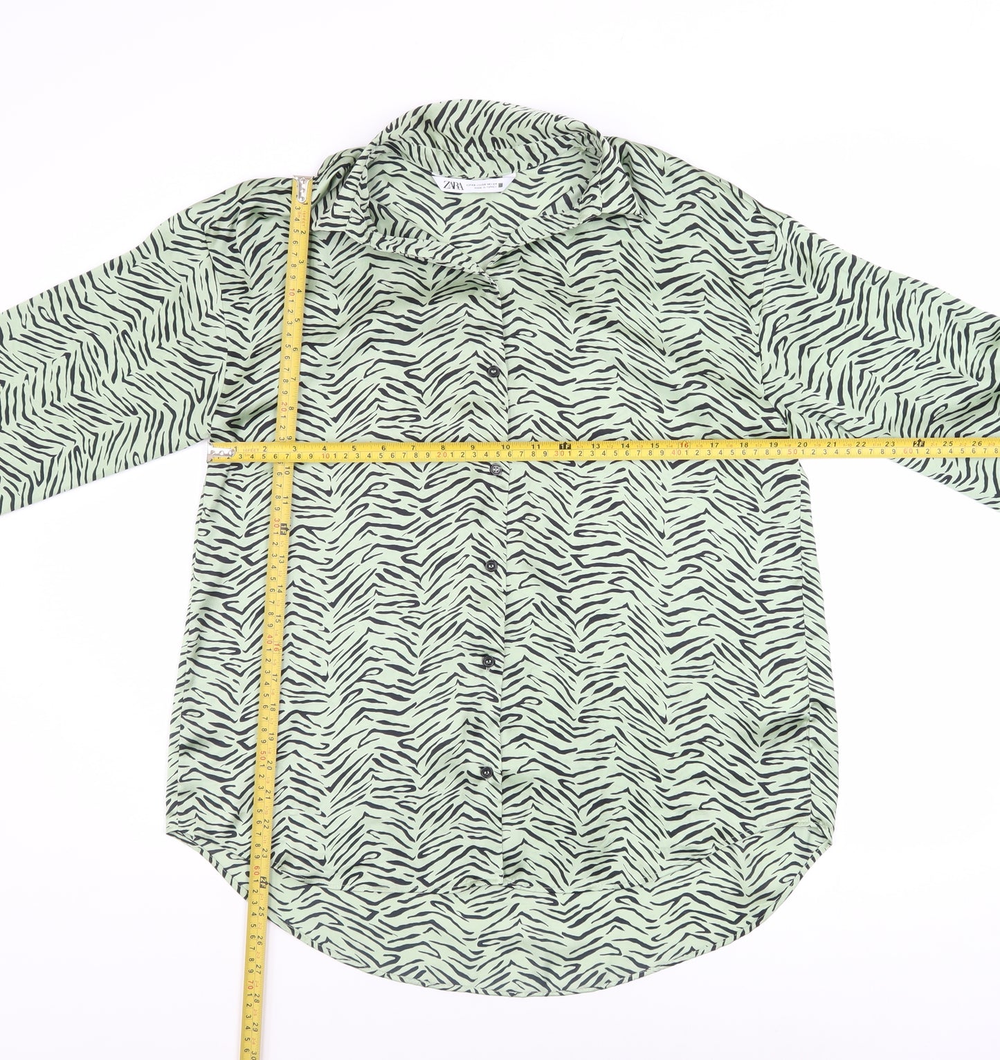 Zara Women’s Green Animal Print Button-Up Shirt XS Long Sleeve Polyester