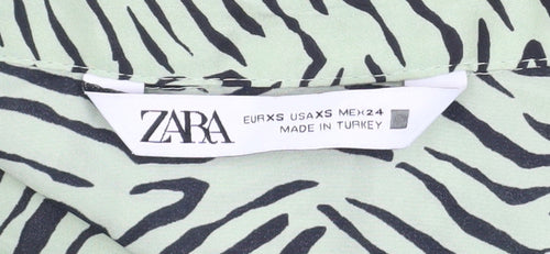 Zara Women’s Green Animal Print Button-Up Shirt XS Long Sleeve Polyester