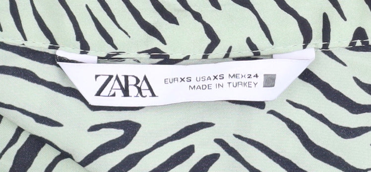 Zara Women’s Green Animal Print Button-Up Shirt XS Long Sleeve Polyester