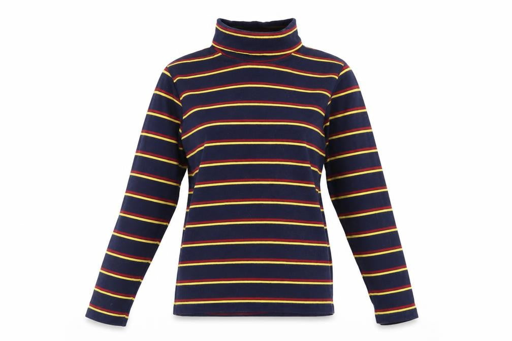 Pop England Women's Blue Striped Roll Neck Long Sleeve Cotton Top Size 4