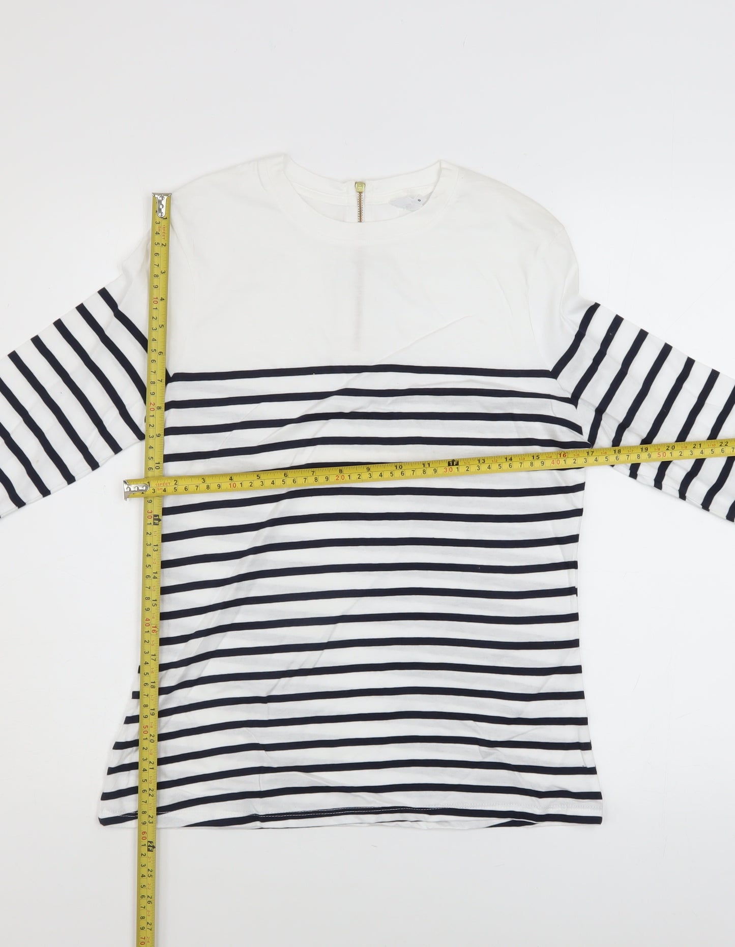 John Lewis Women’s White Navy Striped 3/4 Sleeve Cotton T-Shirt Size 8