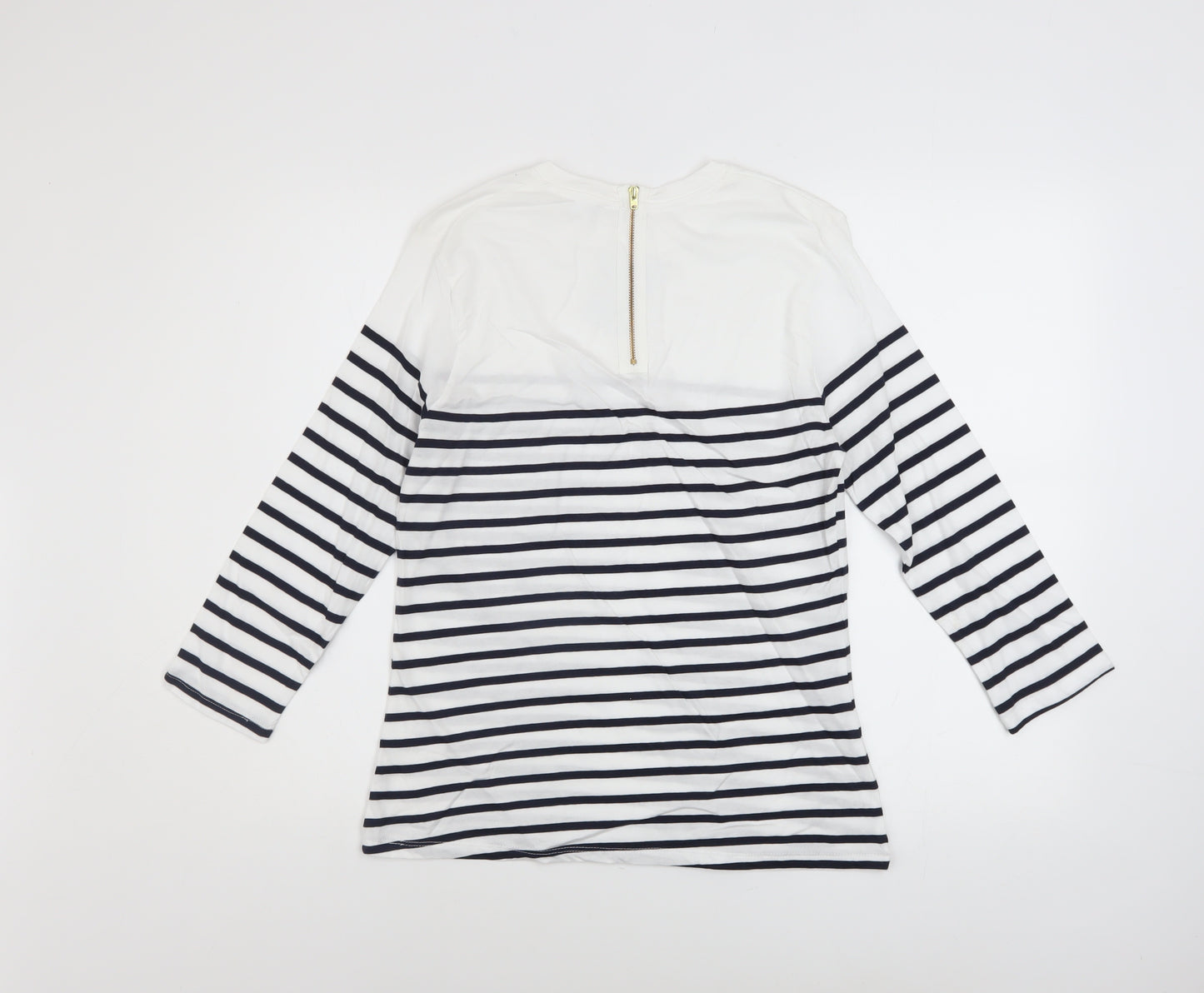 John Lewis Women’s White Navy Striped 3/4 Sleeve Cotton T-Shirt Size 8