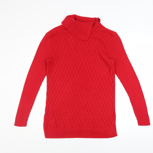 Lands' End Women’s Red Roll Neck Cable Knit Cotton Jumper Size S