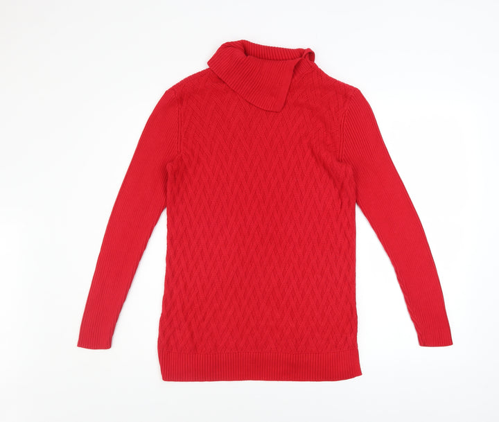Lands' End Women’s Red Roll Neck Cable Knit Cotton Jumper Size S