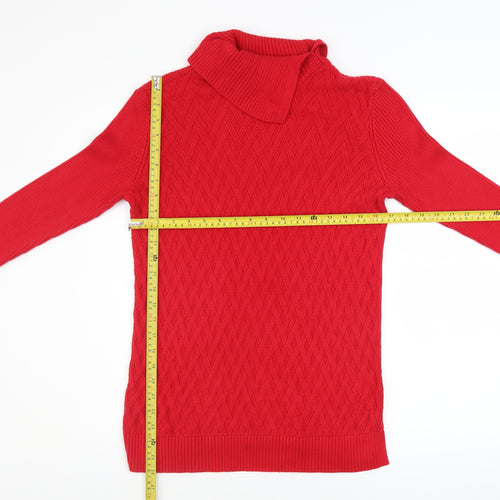 Lands' End Women’s Red Roll Neck Cable Knit Cotton Jumper Size S