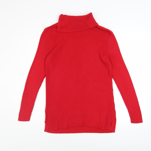 Lands' End Women’s Red Roll Neck Cable Knit Cotton Jumper Size S