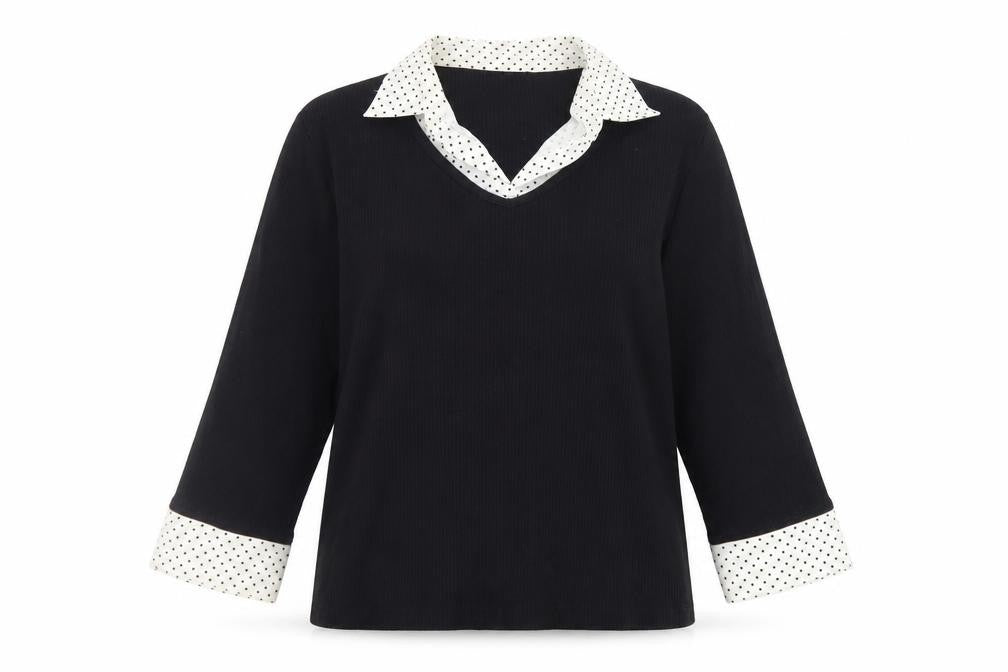 Debbie Morgan Women’s Black V-Neck Polka Dot Trim Pullover Jumper XL