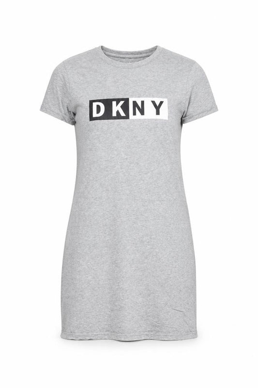 Front view of DKNY Women Grey T-Shirt Dress Small Casual Jersey Logo