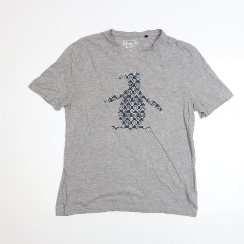 Original Penguin Men Grey Graphic Penguin Print Crew Neck T-Shirt M