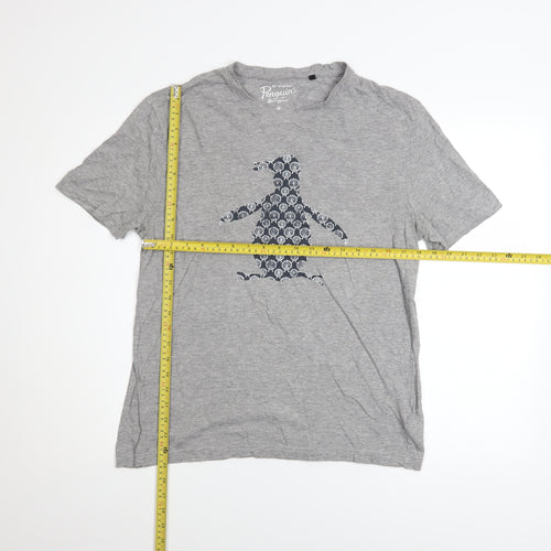 Original Penguin Men Grey Graphic Penguin Print Crew Neck T-Shirt M