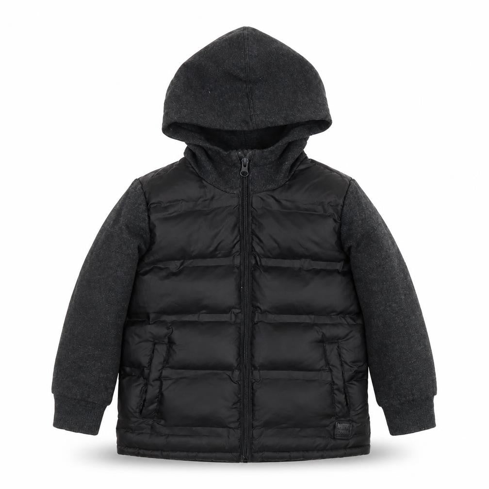 Front view of Target boys’ black hooded puffer jacket 5 years full zip warm winter coat