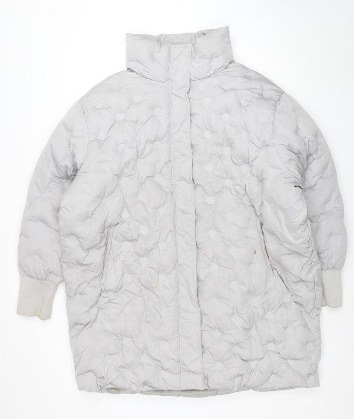 Boohoo Womens Grey Puffer Jacket Size 14 Quilted Mid-Length Winter Coat