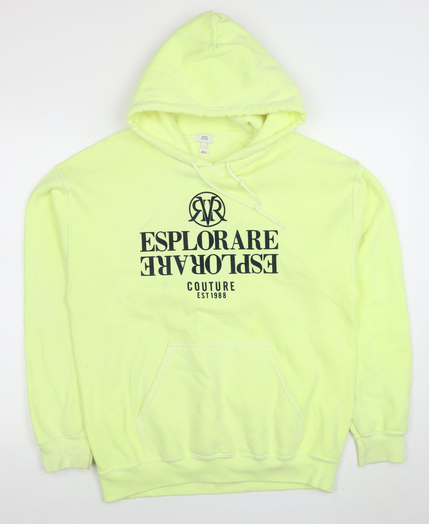 River Island Mens Yellow Pullover Hoodie S Graphic Print Fleece