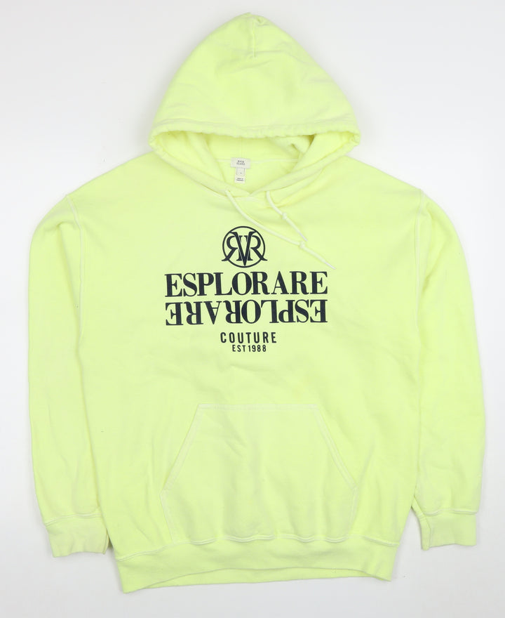 River Island Mens Yellow Pullover Hoodie S Graphic Print Fleece