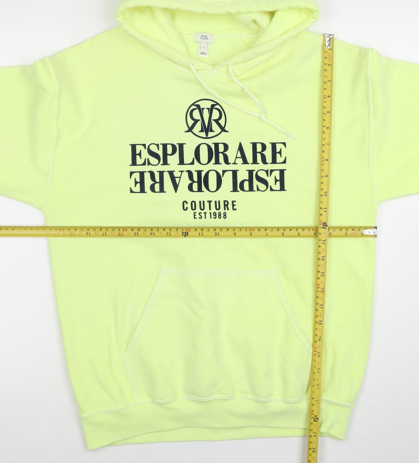River Island Mens Yellow Pullover Hoodie S Graphic Print Fleece
