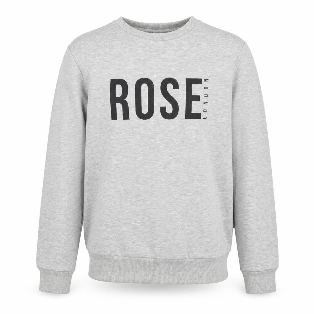 Front view of Rose London Men's Grey Crew Neck Logo Sweatshirt, size S