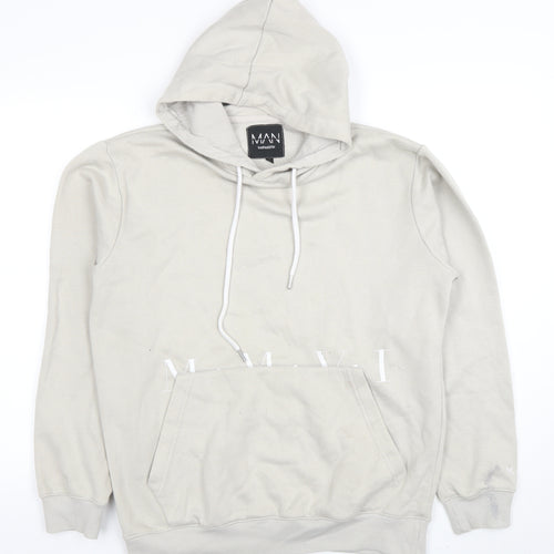 boohooMAN Men's Beige Pullover Hoodie Size S Logo Graphic Fleece
