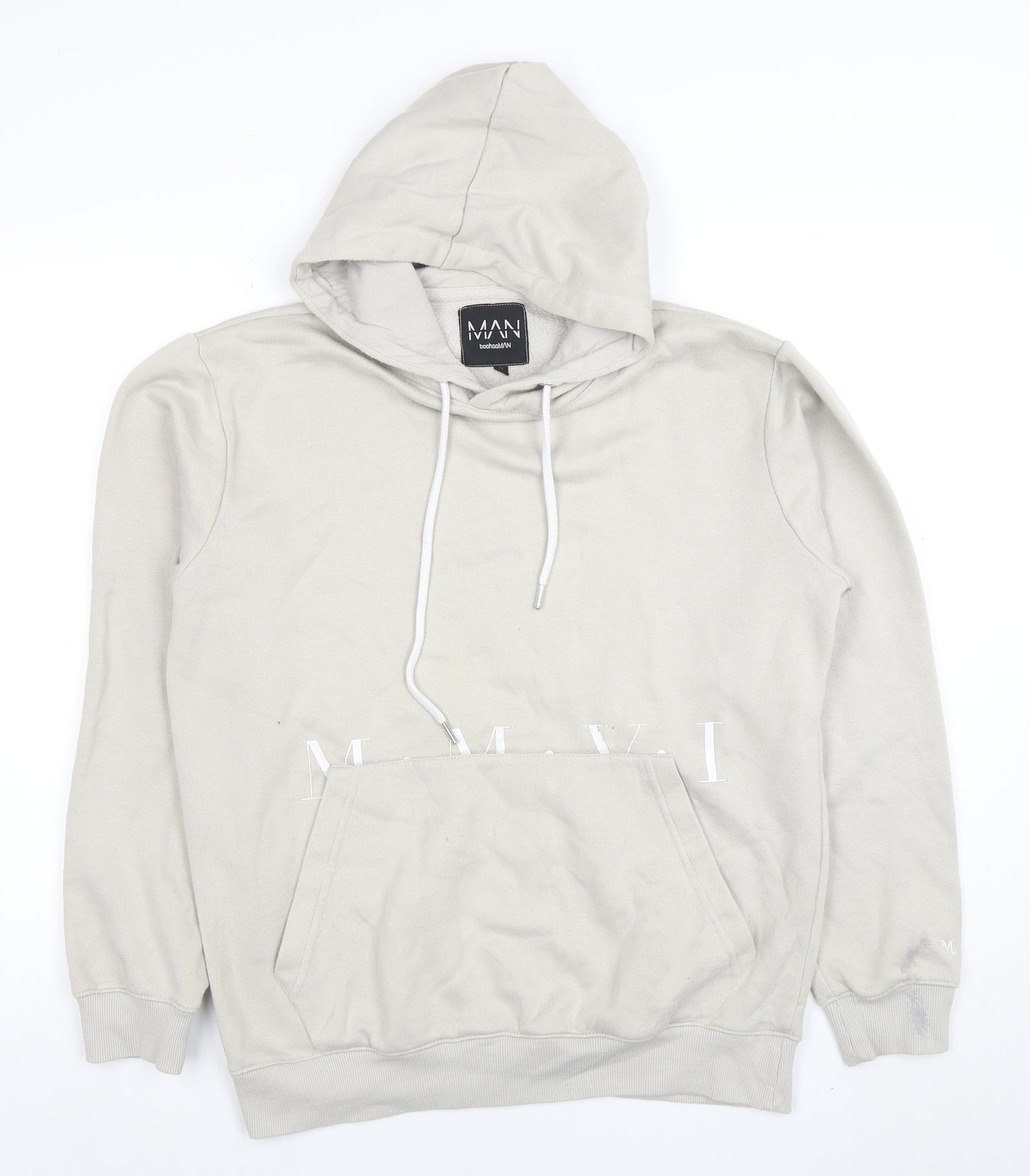 boohooMAN Men's Beige Pullover Hoodie Size S Logo Graphic Fleece
